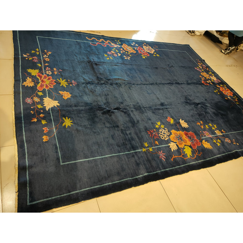 Navy Blue Color Field Antique Floral Pattern Chinese Deco Rug