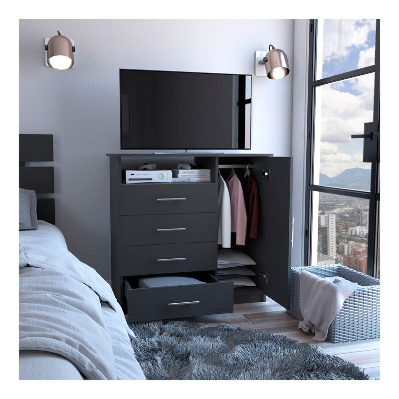 Commode 4 tiroirs, 1 porte ouverte, 1 tablette ouverte, plateau supérieur - Noir
