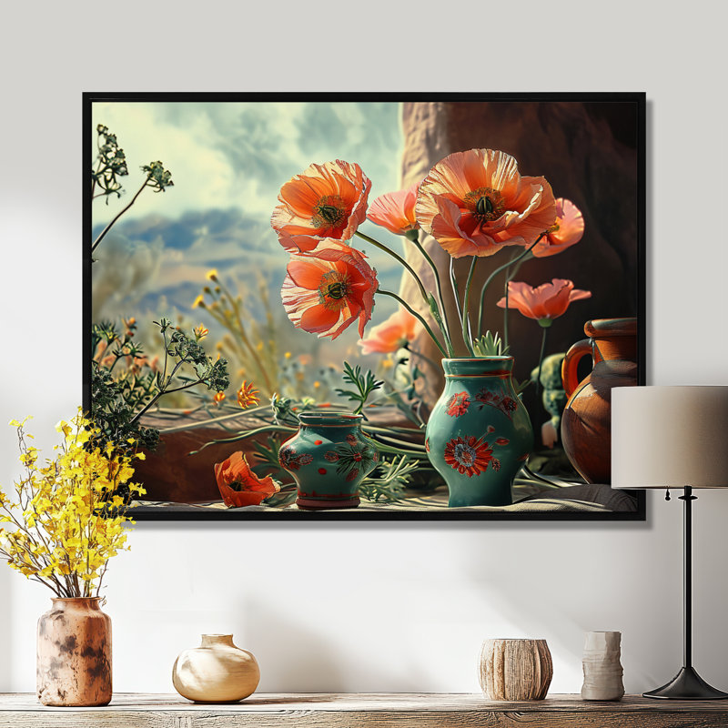 Coquelicots rouges dans un vase turquoise mexicain - Bouquets assortis, Toile avec cadre flottant noir