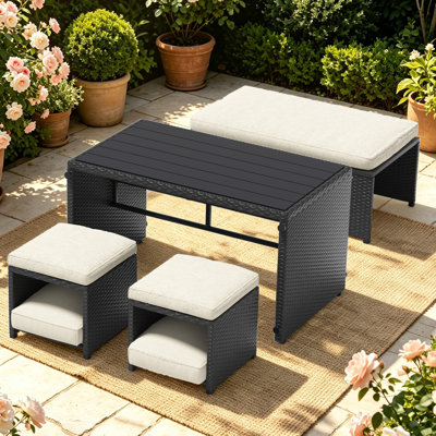 Ensemble d'extérieur convertible en rotin PE 2 en 1, 3 pièces (causeuse avec dossier + 2 repose-pieds) et 4 pièces (table + causeuse + 2 repose-pieds) avec coussins amovibles