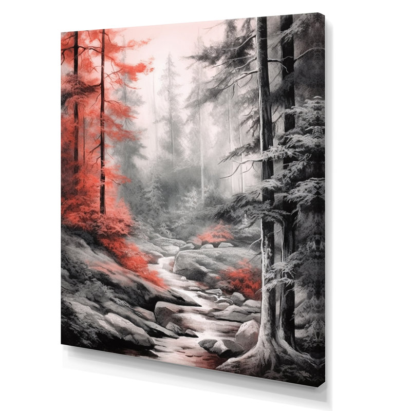 Rouge et gris Mystic Woods II - impressions sur toile de forêt, 44" H x 34" W, Toile tendue