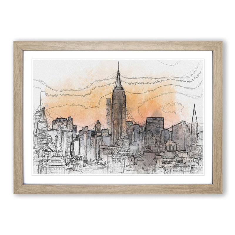 Yellow New York Skyline in Abstract - Picture Frame Graphic Art Print, Oak, 60cm H x 91cm W x 2cm D