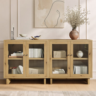 Buffet Almaguer de 80 cm de large avec porte vitrée, tablette réglable et fini imitation bois (lot de 2), chêne naturel