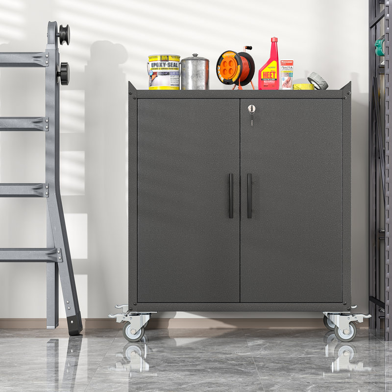 Petite armoire de rangement en métal avec portes verrouillables, roulettes et tablettes réglables, 35.6"H, Black