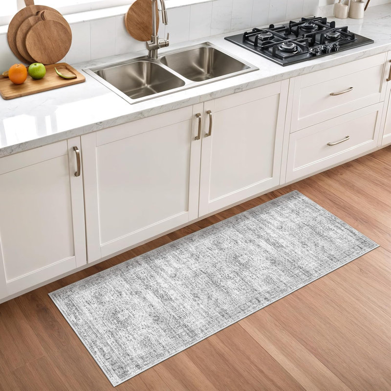 Vintage Distressed Non Slip Washable Rug(Grey), Runner 2' x 5'