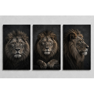 Grand ensemble de 3 impressions sur toile de lion, art animalier safari foncé, décor rustique moderne pour le bureau de la chambre à coucher, impression sur toile 16 x 24 pouces - prête à être accrochée