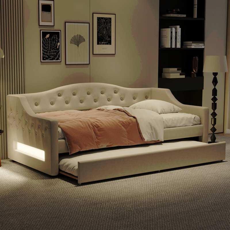 Lit de jour tapissier simple TG avec ceinture et gigogne à DEL, Beige