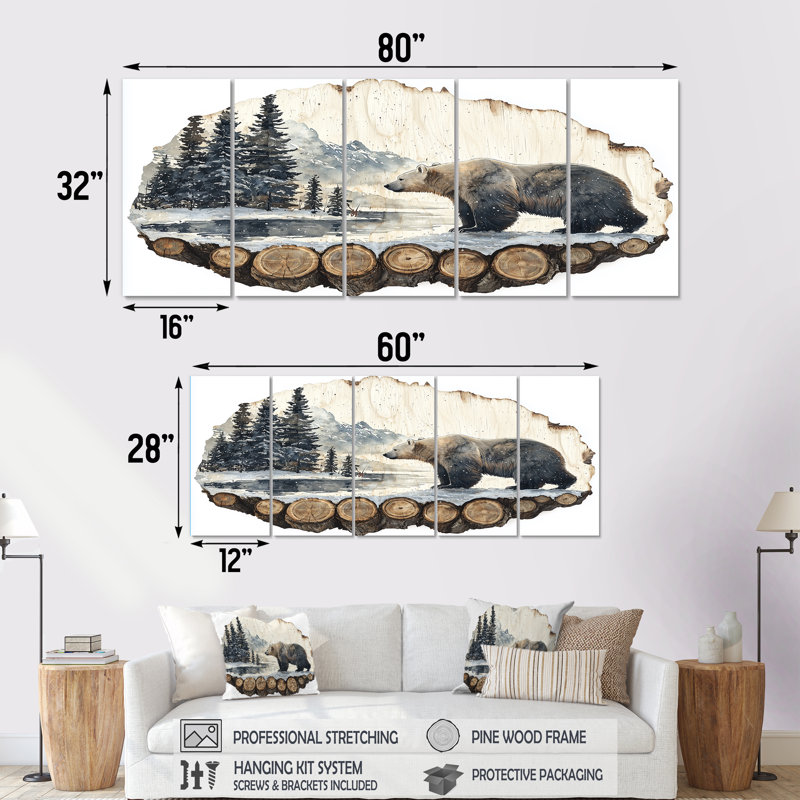Ours polaire dans le paysage sauvage III - ours, art mural - ensemble d'art mural moderne, H 32 po x l 80 po