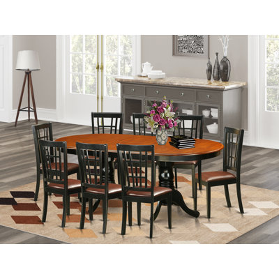 9 Piece Dining Room Table Set Includes an Oval Wooden Table with Butterfly Leaf and 8 Faux Leather Kitchen Dining Chairs, Black & Cherry