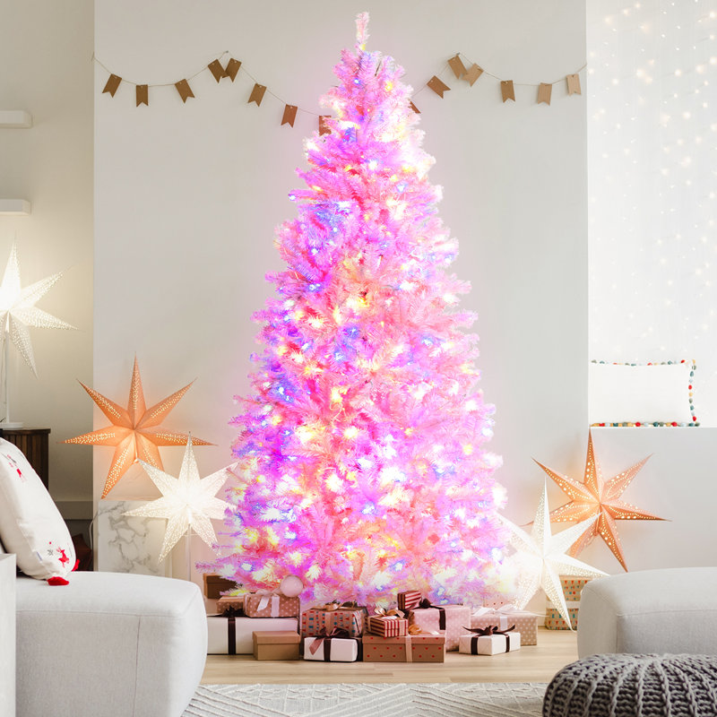 Arbre de Noël rose 7,5 pi avec lumières, arbre de Noël coloré unique avec support en métal, arbre de Noël artificiel
