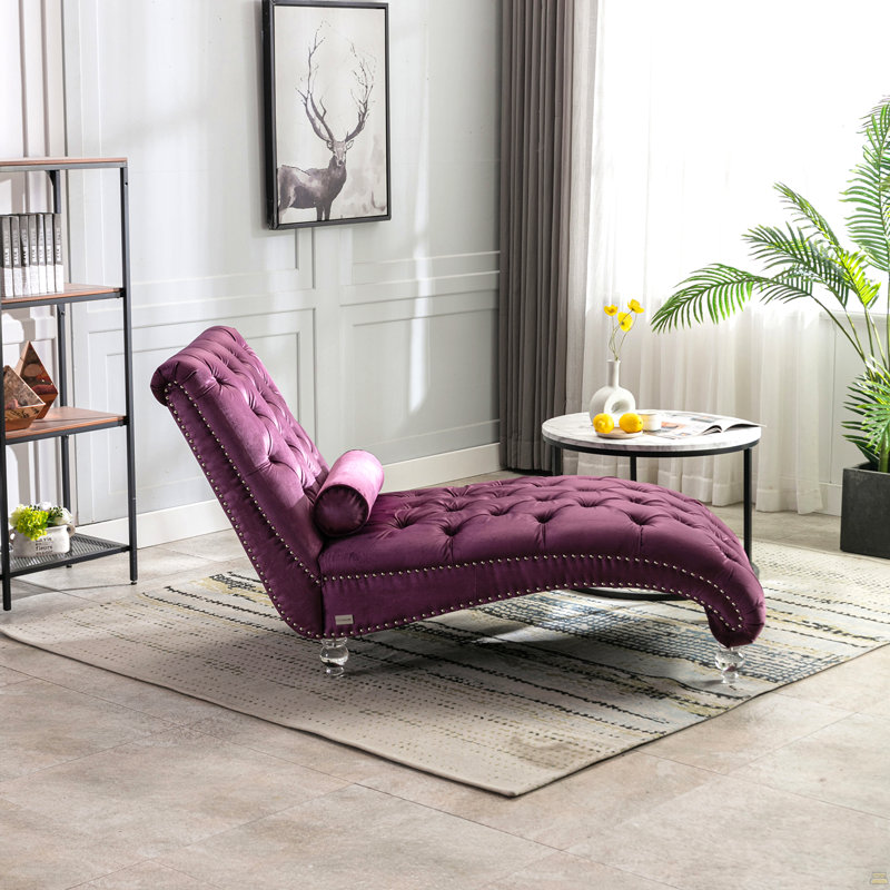 Chaise longue d'intérieur en velours capitonnée à boutons et rembourrée avec coussin pour le bureau de la chambre à coucher (velours mauve)