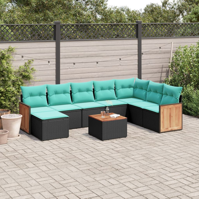  Ensemble de canapé de patio 9 pièces avec coussins en rotin de polyester noir