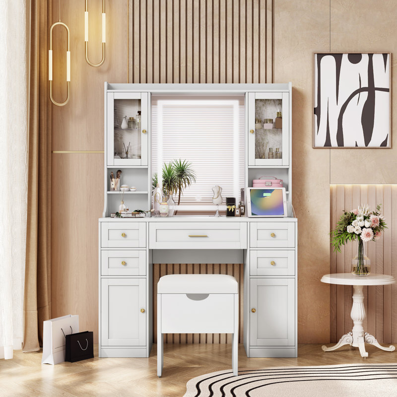 Meuble-lavabo blanc avec miroir 5 tiroirs et station de charge en bois
