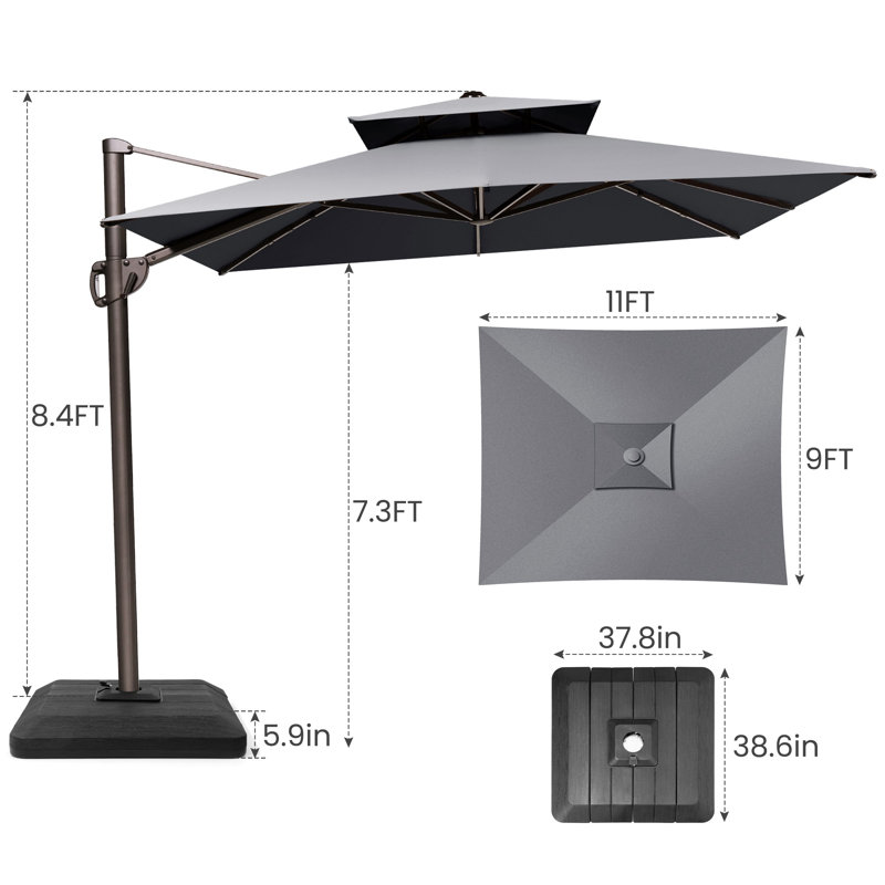 Parasol rectangulaire en porte-à-faux 11 pi x 9 pi avec base robuste, Gris foncé