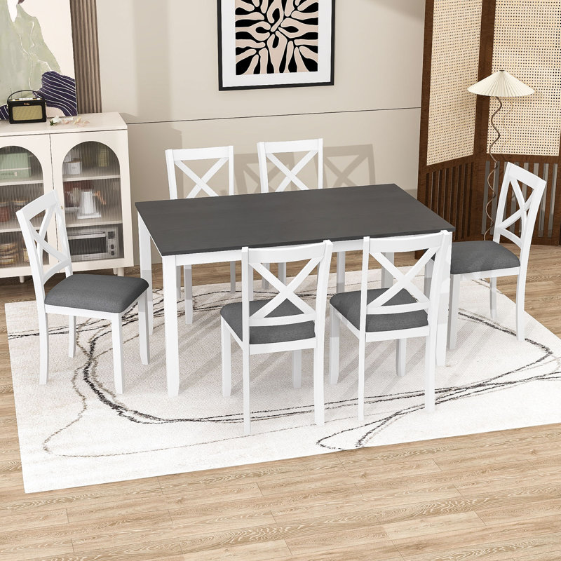Ensemble de table de salle à manger 7 pièces avec chaises rembourrées, 7 pièces : table, 6 chaises, Blanc