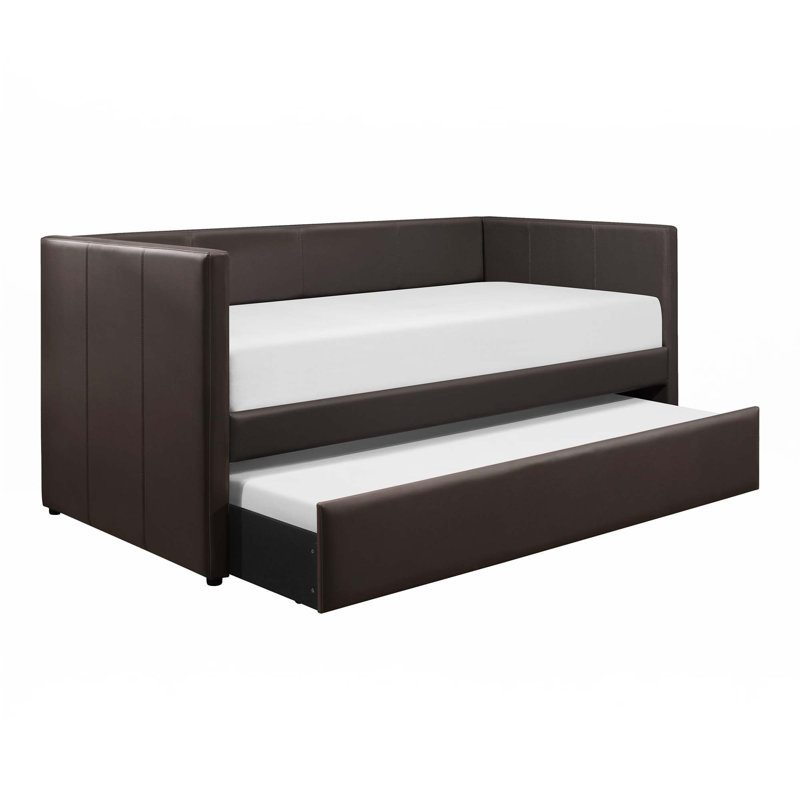 Faux Leather Upholstered Contemporary Daybed With Trundle, Brown