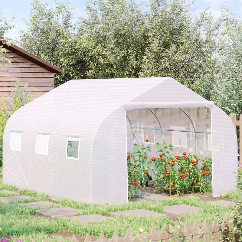 Outdoor Walk-In Greenhouse, Tunnel Green House With Roll-Up Windows, Zippered Door, PE Cover, Heavy Duty Steel Frame, White