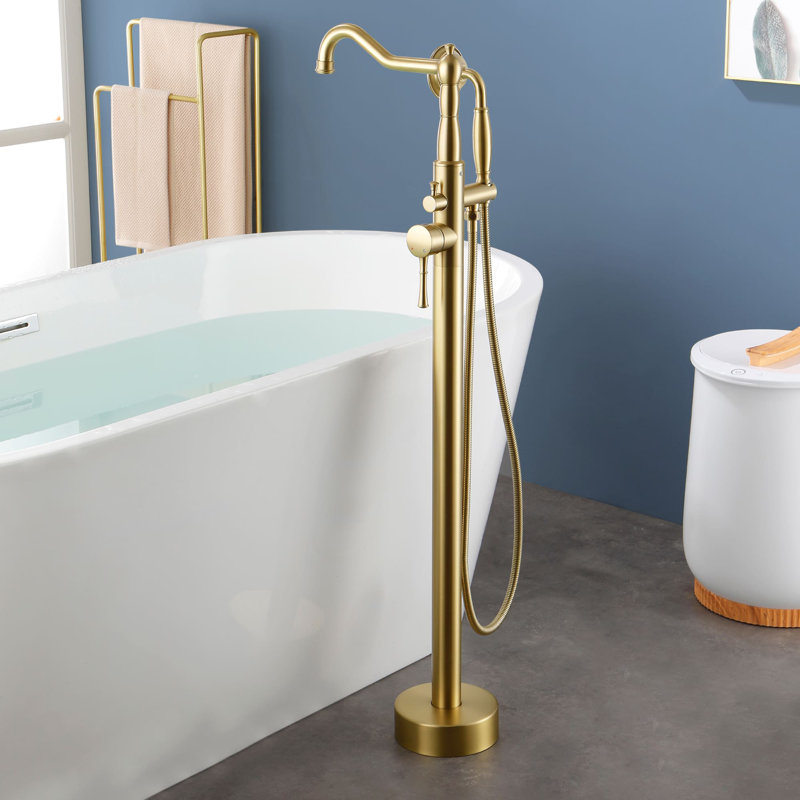 Robinet de baignoire sur pattes à deux poignées avec douche à main, Or brossé