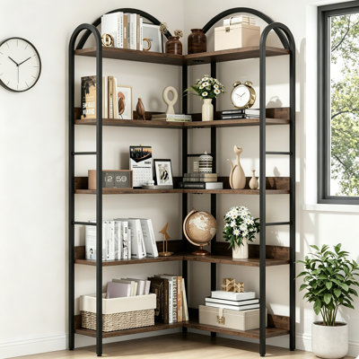 Corner Bookshelf Industrial Bookcase, L Shaped Bookshelf Arched 5 Tier Corner Shelf, Large Bookshelf with Metal Frame, Etagere Shelf Corner Display Ra