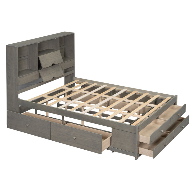Lit plateforme grand format avec tête de lit avec rangement et 8 tiroirs, lit avec rangement peu encombrant, gris, gris