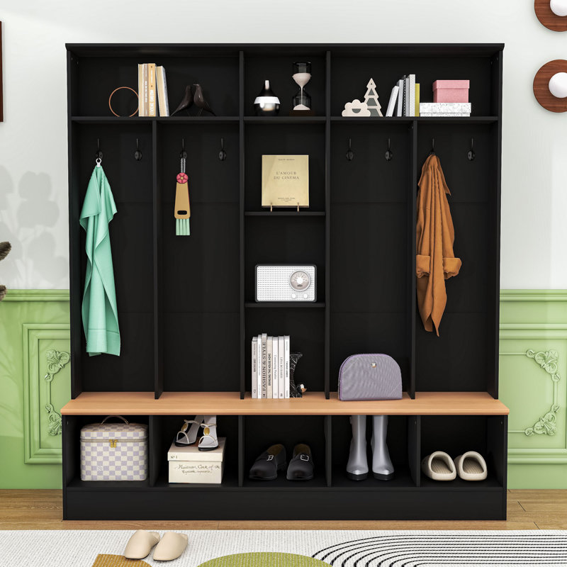 Portemanteau élégant avec portemanteaux, banc à chaussures et tablettes de rangement, Noir