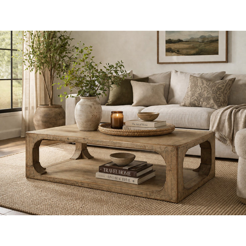 66 Inches Wide Ming Arch Coffee Table Weathered Natural with Distressed Gray