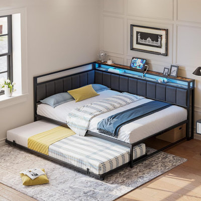 Gray Corner Twin Bed Frame With Trundle, Upholstered Storage Headboard, LED Lights, And Charging Station, Sturdy Metal Platform Daybed For Bedroom Or Living Room