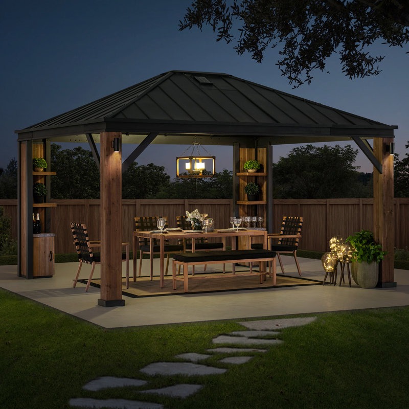 Sunjoy 12 x 14 ft Cedar Wood and Steel Hardtop Gazebo with LED Lighting and Bluetooth Sound