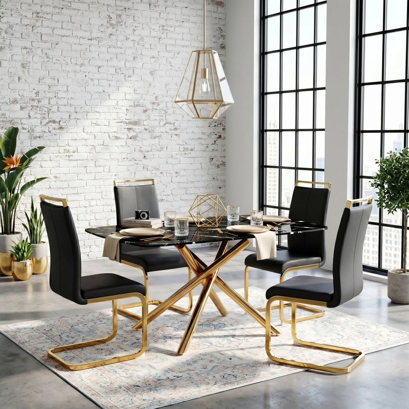 63" Modern Glam Dining Set with Faux Leather Cantilever Chairs, 5 Pieces: Table, 4 Chairs, Black