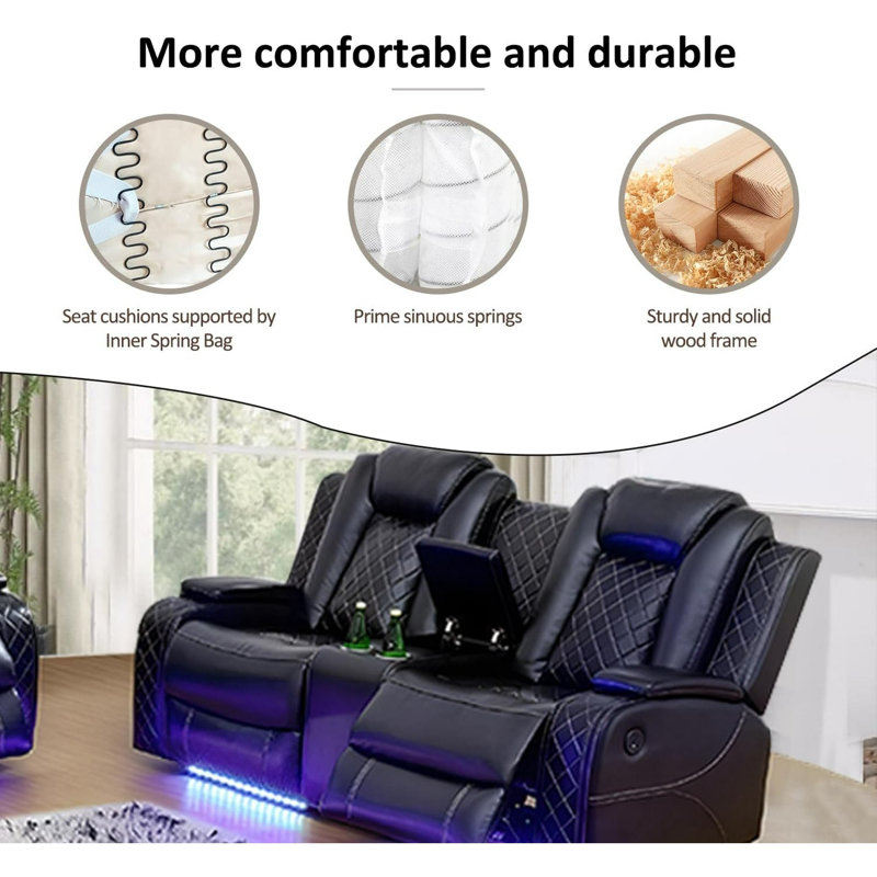 Fauteuil inclinable électrique 73,5 po avec console centrale et causeuse avec éclairage DEL, Noir