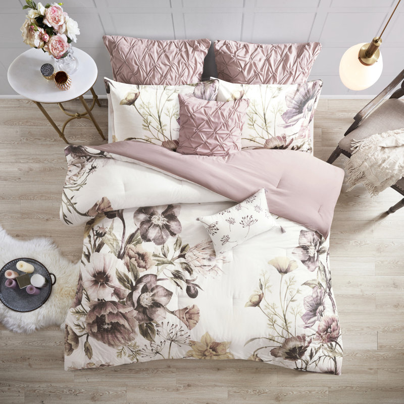 Édredon très grand rosé - 8 pièces en coton Shabby Chic avec imprimé floral et imprimé vapeur à grande échelle