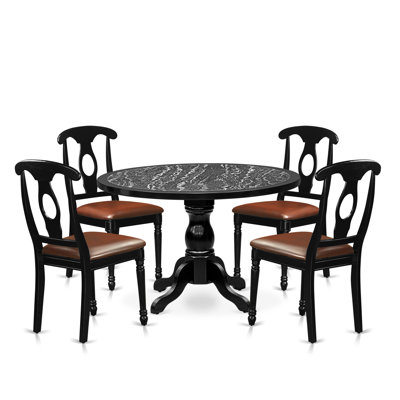 5-piece kitchen table set includes a pedestal breakfast table and 4 Napoleon Back modern dining chairs, Black finish.