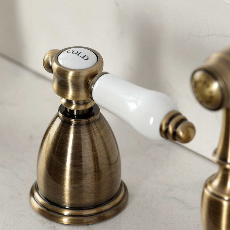 Kingston Brass Bel-Air Double-Handle Widespread Kitchen Faucet, With Side Spray, Antique Brass