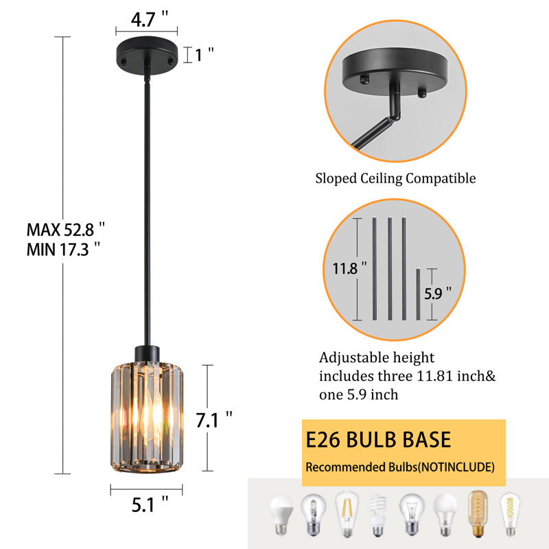 Modern Mini Crystal Pendant Lights Chandeliers Adjustable Sloped LED Hanging Ceiling Fixture Glass small Crystals for Kitchen Island Bathroom Living Room, Dining Room, Hallway, Bar 1PC (Black)
