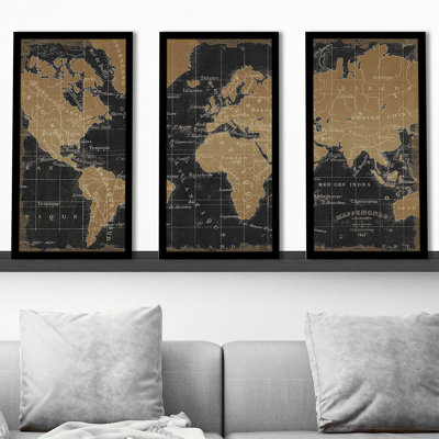 Mappemonde Borderless Black Gold by Pela Studio - 3 Piece Single Picture Frame Graphic Art