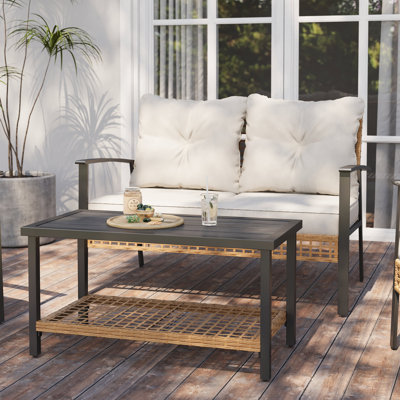 2 - Person Patio Loveseat With Coffee Table And Beige Cushions