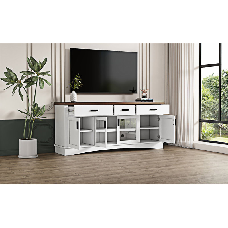 Meuble télé avec portes en verre et tiroirs de rangement