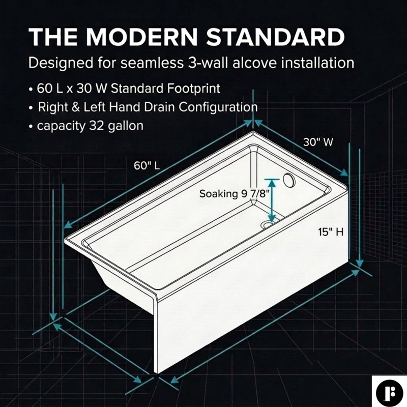 Fine Fixtures 60x30 Acrylic Alcove Tub, 15" Height, Left Drain, Apron, White, Left Hand Drain