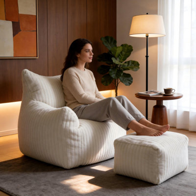 Beige Large Corduroy Bean Bag Chair with Matching Ottoman, 300 lbs Weight Capacity