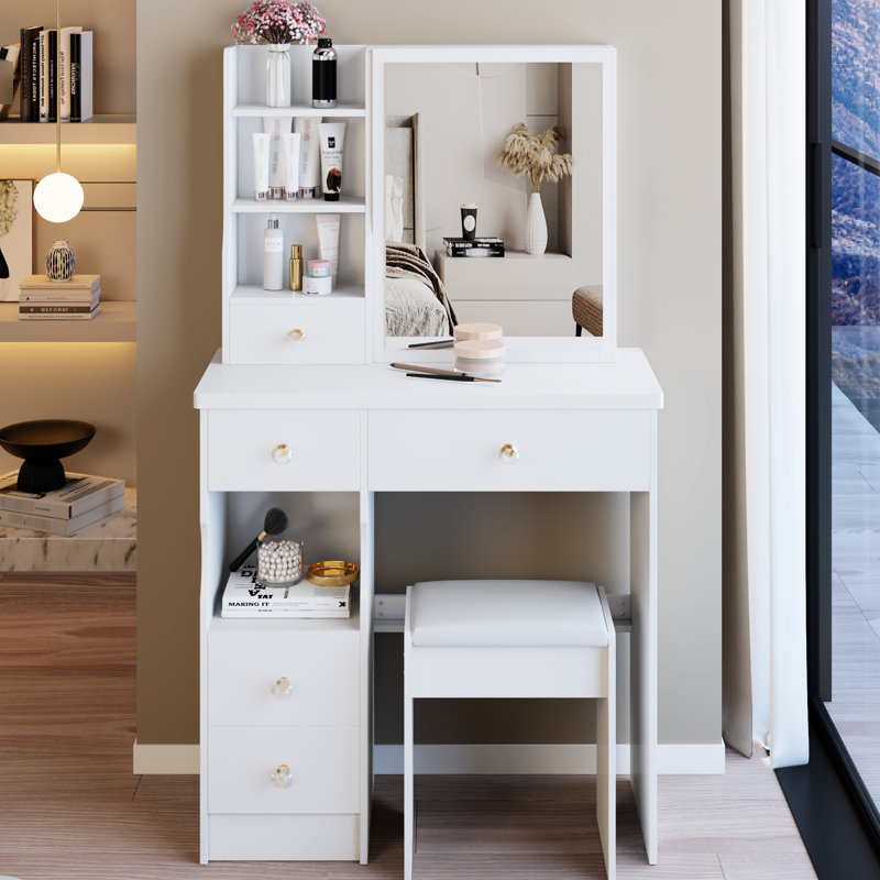 Meuble-lavabo de 50,4 po de hauteur avec rangement à plusieurs niveaux, tiroir gauche, miroir coulissant droit et tabouret rembourré, pour les petites chambres à coucher