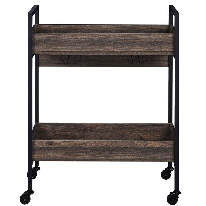 2 Tier Shelf Serving Cart With Walnut Finish And Black Metal Frame Colored Rectangular Design Shelves