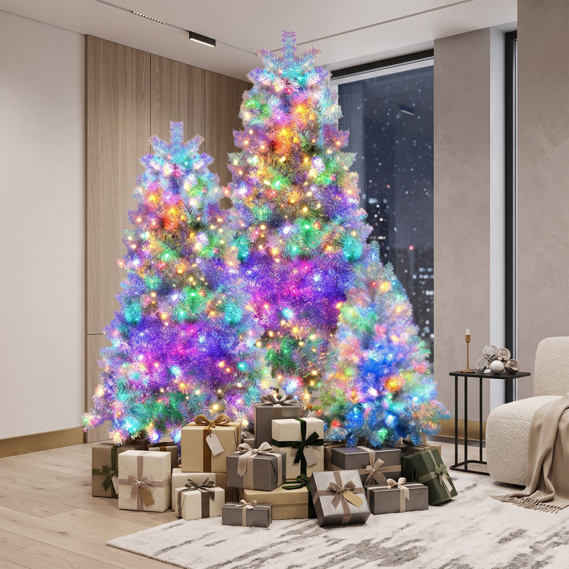 Ensemble de sapins de Noël artificiels pré-illuminés à charnières de 1,20 m, 1,80 m et 2,25 m, avec 2 400 extrémités de branches en PVC et 850 lumières DEL pour la maison, le bureau ou l'école.