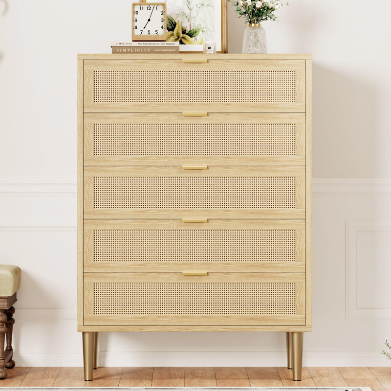 Rattan 5 Drawer Dresser, 44'' Tall Narrow Chest Of Drawer
