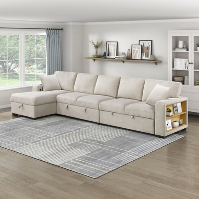 Meserve 144.5" Modern & Contemporary Boucle Sectional with Pull-out Sleeper, USB Charging Ports & Dual Hidden Storage by Latitude Run