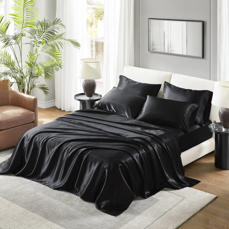 7 draps de luxe en satin noir très grand divisé, texture douce et soyeuse, réduit les frisottis, 1 drap plat, 2 draps-housses, 4 taies d'oreiller froissées, doux pour la peau et les cheveux,