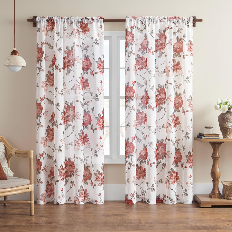 Ensemble de 2 rideaux transparents à motif floral de 84 pouces de longueur, rideaux texturés à motif de fleurs rouges pour le salon