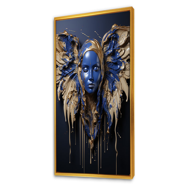 Art mural ailes d'ange bleu royal et or royal IV, Cadre flottant doré, H 60 po x l 28 po x P 1,5 po