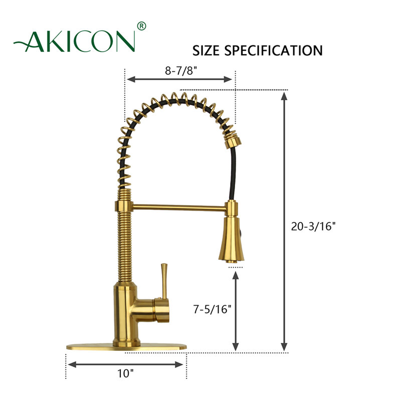 Pull Down Single Handle Pre-Rinse Spring Kitchen Faucet with Deck Plate, Brushed Gold