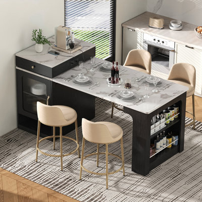 K&K 59.5" Kitchen Island With Extendable Dining Table, Kitchen Storage Table With Double-Sided Storage, Kitchen Island With 2 Drawers, Power Outlet, Side Open Shelves, For Kitchen, Dining Room, Black