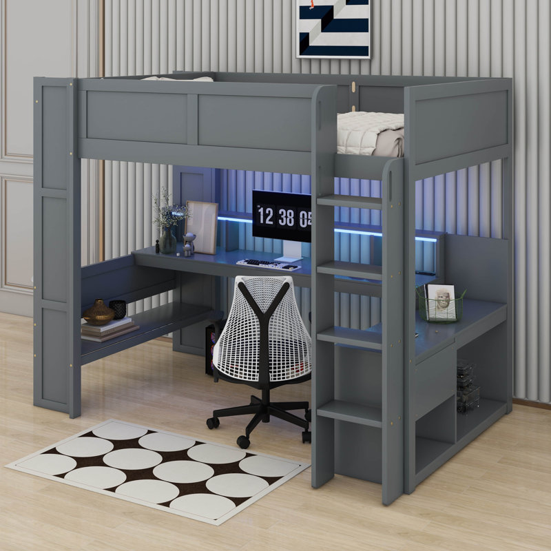 Lit mezzanine double en bois avec bureau, tablettes multiples, DEL et station de charge